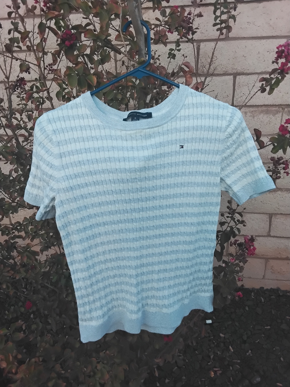 Tommy Hilfiger Light Blue Striped Knit Short Sleeve Top